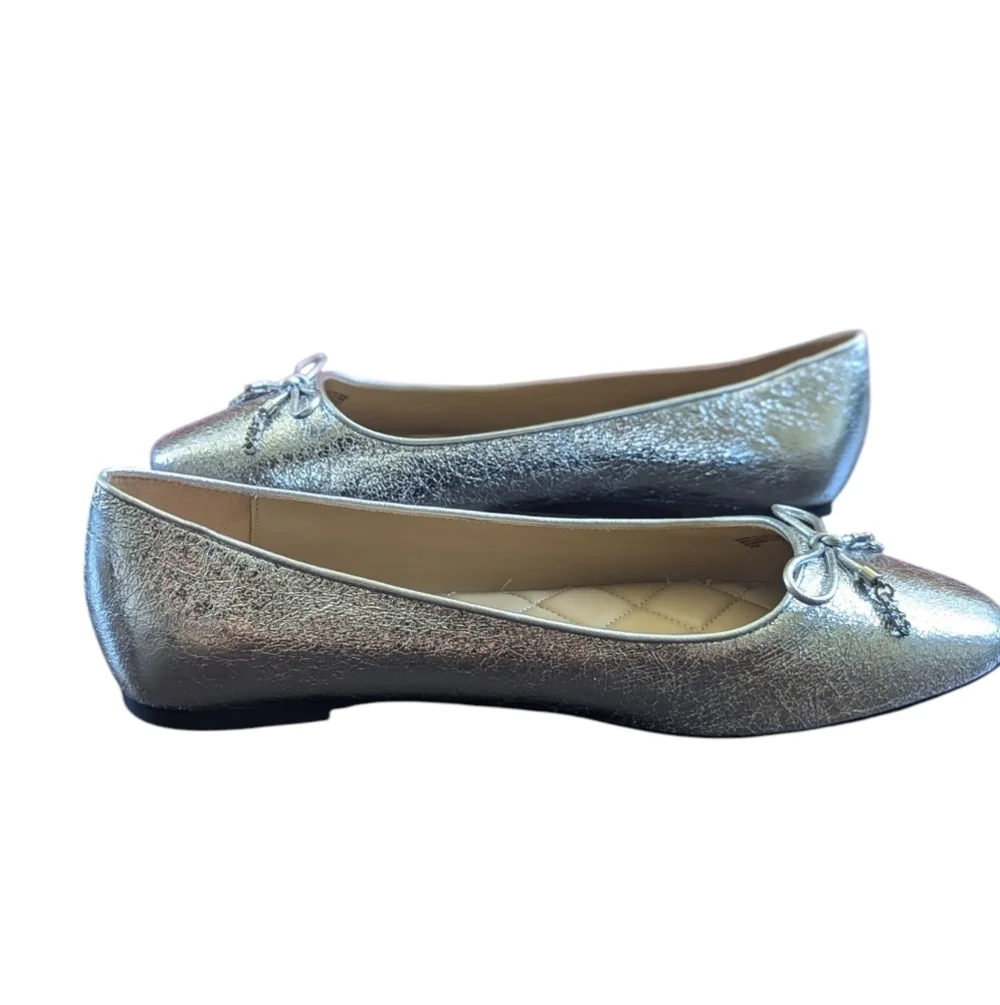 Michael Kors Metallic Silver Ballet Flats Bow Logo Size 11M New